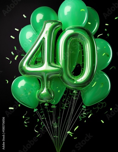 Green birthday / anniversary balloon, number 40, black background with confetti photo