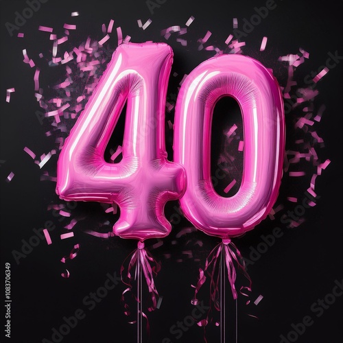 Pink birthday / anniversary balloon, number 40, black background with confetti photo