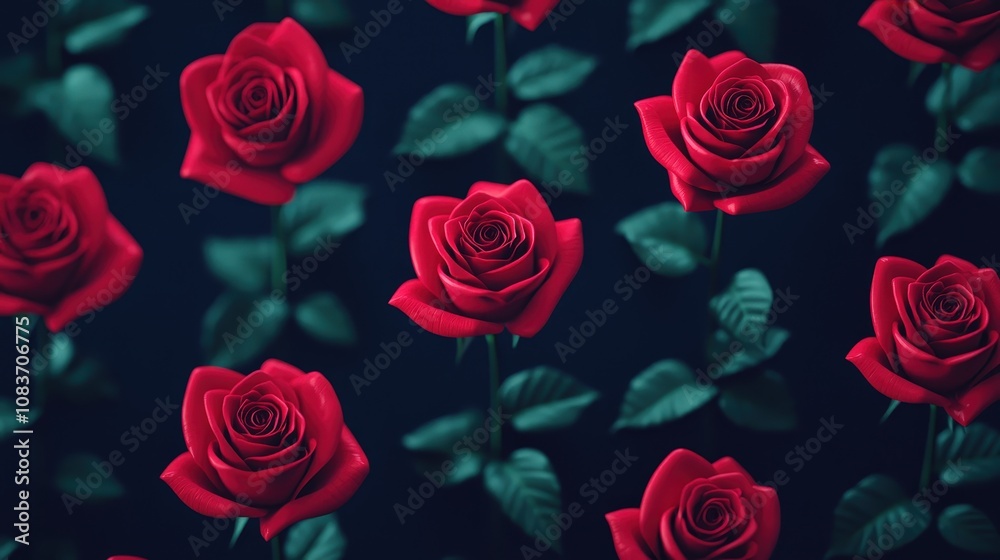 Fototapeta premium Lush Red Roses Dark Background 3D Render Floral Pattern Romantic Elegant Nature