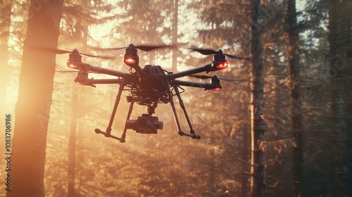 A high-end professional-grade drone is shown in flight, capturing breathtaking aerial footage.
