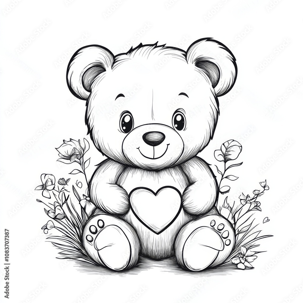 Obraz premium Coloring. Teddy Bear vector illustration isolated on white background. Little bear cub sitting on white background. Valentine's Day. 