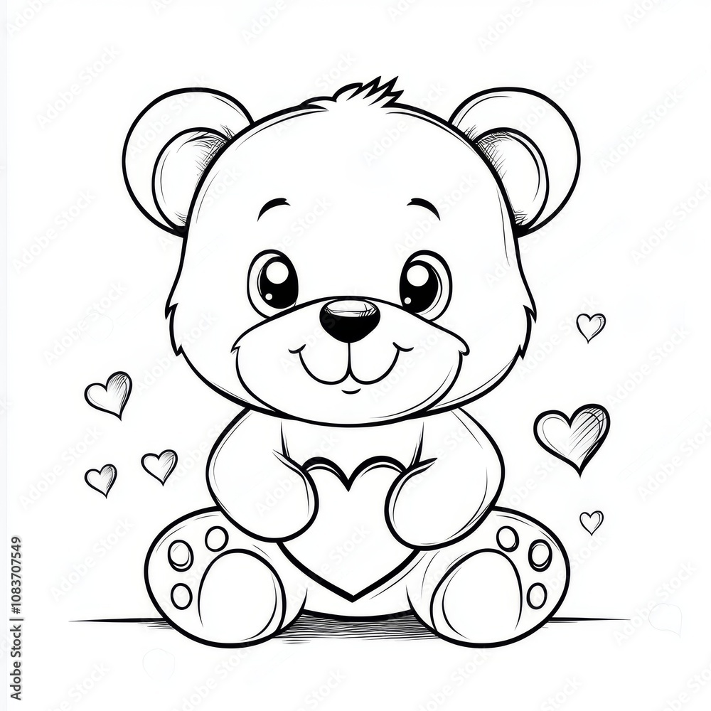 Fototapeta premium Coloring. Teddy Bear vector illustration isolated on white background. Little bear cub sitting on white background. Valentine's Day. 