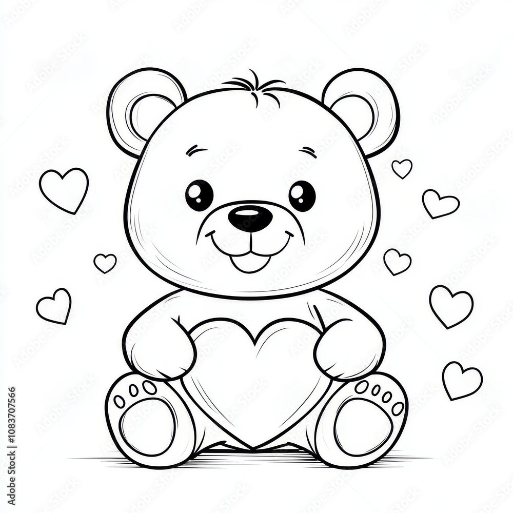 Obraz premium Coloring. Teddy Bear vector illustration isolated on white background. Little bear cub sitting on white background. Valentine's Day. 