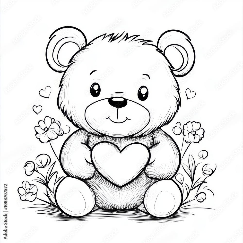 Obraz premium Coloring. Teddy Bear vector illustration isolated on white background. Little bear cub sitting on white background. Valentine's Day. 