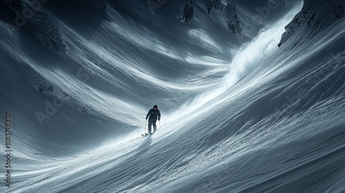 A solitary skier gracefully descends a snowy slope, surrounded by a dramatic winter landscape and soft light.