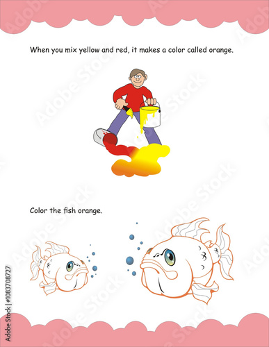 Mixing basic colors worksheet for kids. Red and yellow make orange color. Color mixing worksheet #workbook