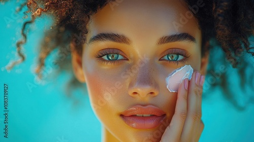 A close-up of a young woman with curly hair and beautiful green eyes applying a skincare cream to her cheek, showcasing a radiant complexion. photo