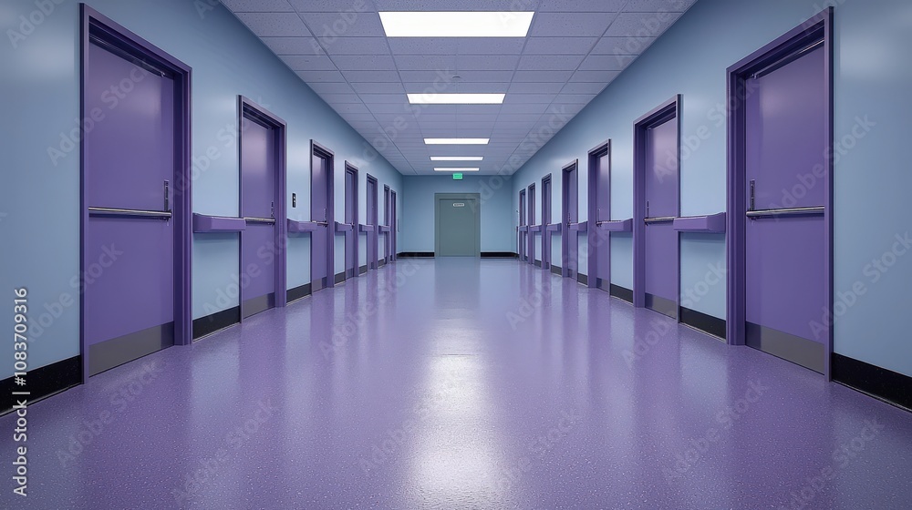 Obraz premium Long Purple Corridor Interior Hospital Doors Healthcare Modern Architecture