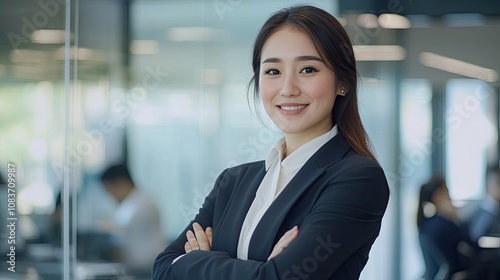 Free Download A confident young businesswoman in an office, smiling and looking at the camera with her arms crossed - GFXLoad
