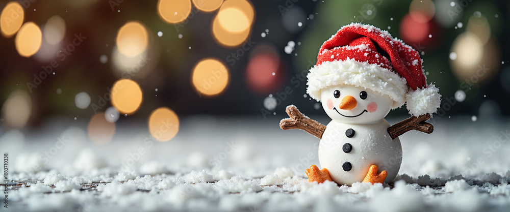 Obraz premium Cheerful snowman with Santa hat in snowy scene