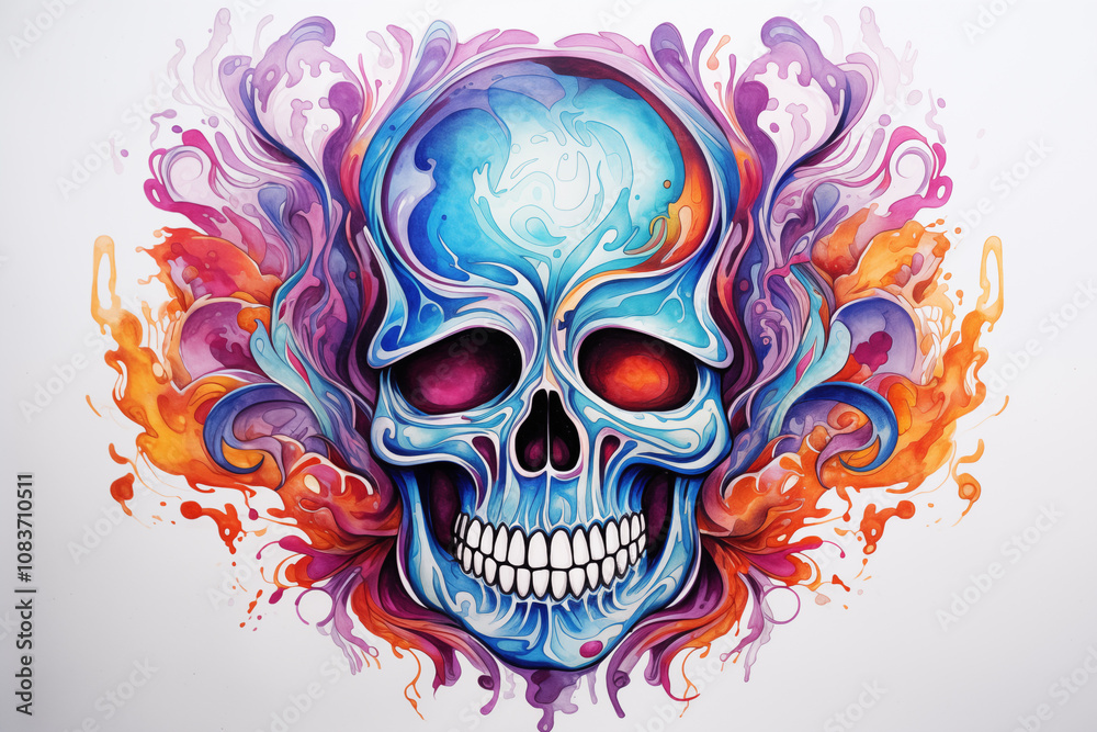Fototapeta premium Colors skull tattoo on white background. Colors skull. Día de los muertos. Tattoo. Tattoo ideas. For tattoo artists. Tattoo parlor. Colors ink. Isolated tattoo. 