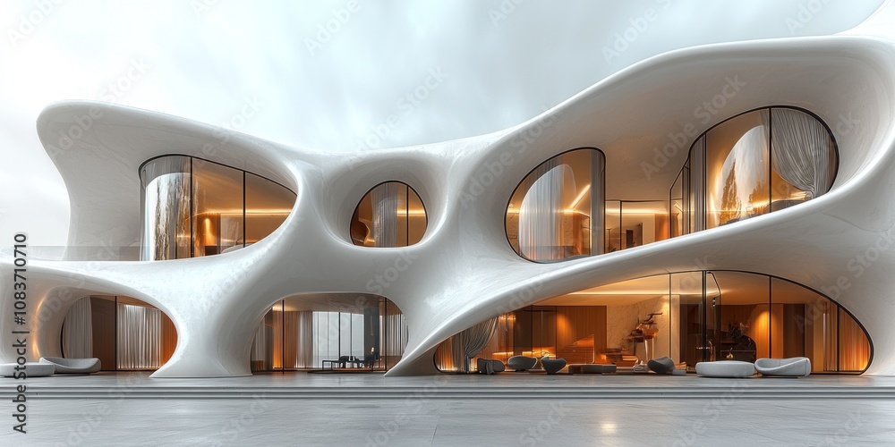 Fototapeta premium Modern White Architectural Home with Curved Windows and Organic Design