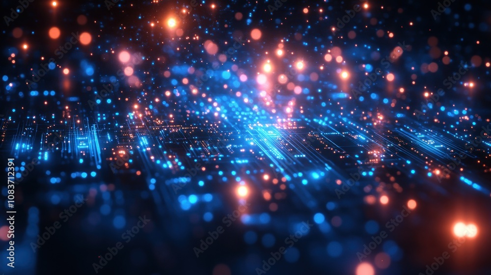 Fototapeta premium Abstract Circuit Board with Glowing Blue and Orange Lights