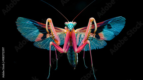 Amazing colorful Pseudocreobotra wahlbergii female. Spiny Flower Mantis show wings on black background photo