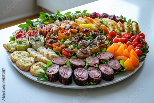 Festive New Year's Eve Party Snacks Platter with Assorted Appetizers, Delicious Finger Foods, Vibrant Toppings, Celebration Feast Concept