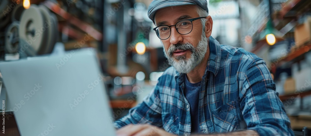 Fototapeta premium Cinematic photo of an industrial worker working on his laptop in the warehouse, wearing a helmet and casual.