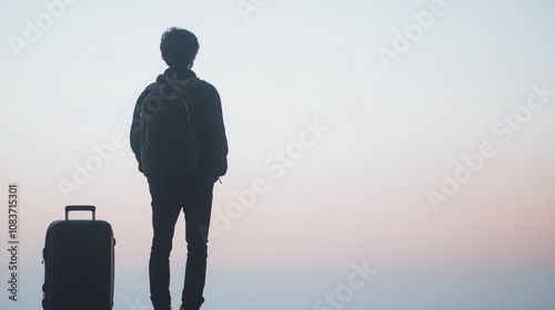 A silhouette of a man standing with a suitcase and a backpack, facing a misty horizon.