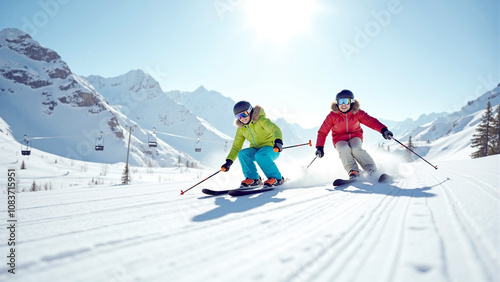 Skiers racing down snowy slopes in vibrant winter gear, snowflakes sparkling under sunlight, with stunning views of snow-covered peaks, capturing the thrill of winter sports.