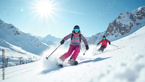 Skiers racing down snowy slopes in vibrant winter gear, snowflakes sparkling under sunlight, with stunning views of snow-covered peaks, capturing the thrill of winter sports.