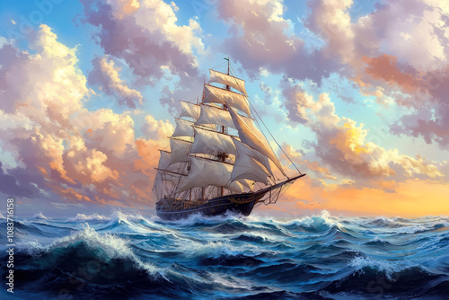 A painting of a sailing ship in the ocean at sunset