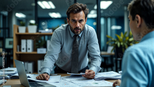 Boss standing assertively over a stressed employee seated at their desk, illustrating workplace pressure, hierarchy, and the challenges of professional dynamics.