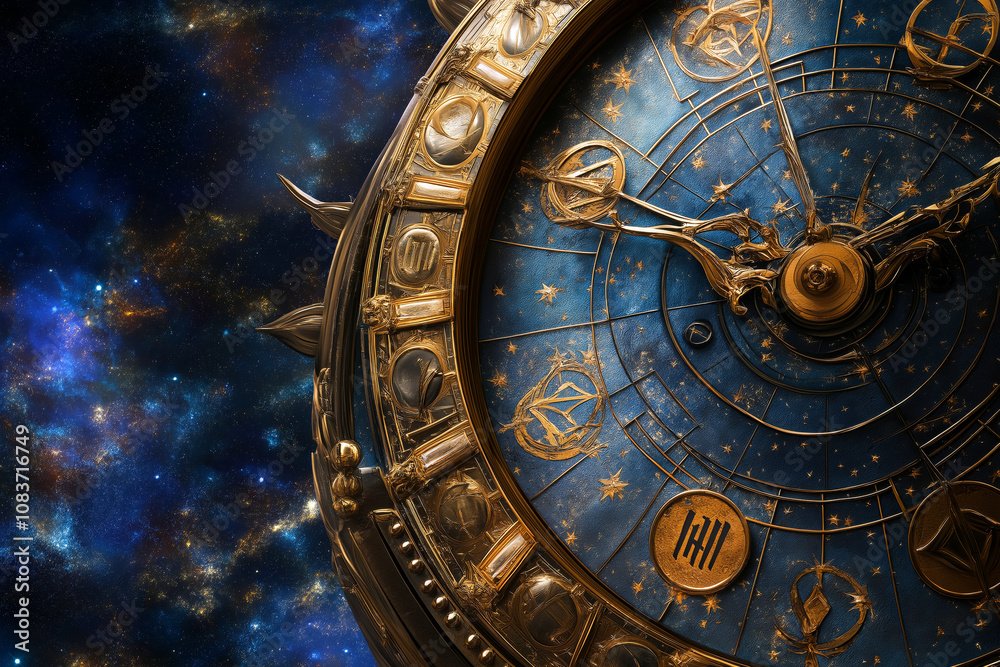 Obraz premium Conceptual design of a celestial clock, with each zodiac sign acting as an hour marker, set against a cosmic background.