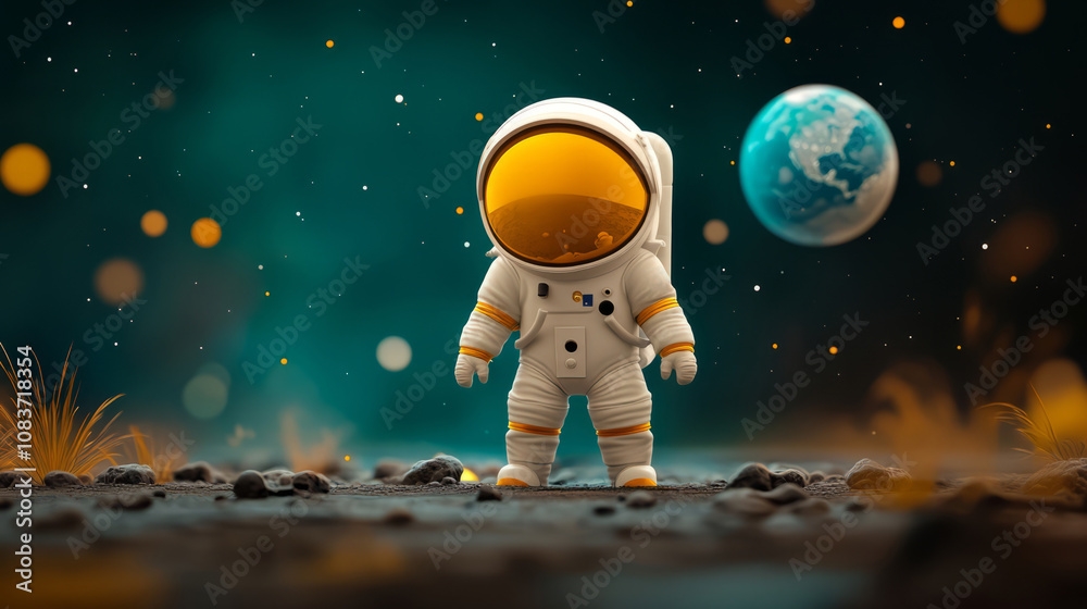 Naklejka premium Astronaut in a white spacesuit walks on the Moon's surface, surrounded by rocks, with Earth visible in the black sky.