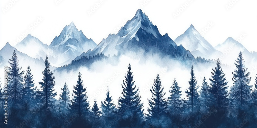 Fototapeta premium Watercolor Painting of Misty Mountains and a Forest