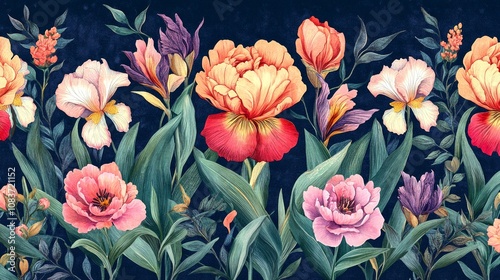 A vibrant display of beautiful flowers in various colors. This artistic floral arrangement is perfect for backgrounds or decorative purposes. It showcases elegance and natural beauty. AI