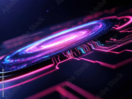 Futuristic galaxy design with circuit board elements and vibrant colors.