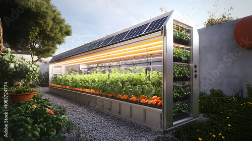 A solar-powered food production system that uses renewable energy to power vertical farms, growing fresh produce in urban areas with limited space. photo