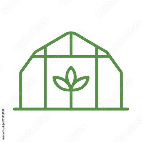 Green vector icon of a greenhouse with a plant in a minimalist line art style