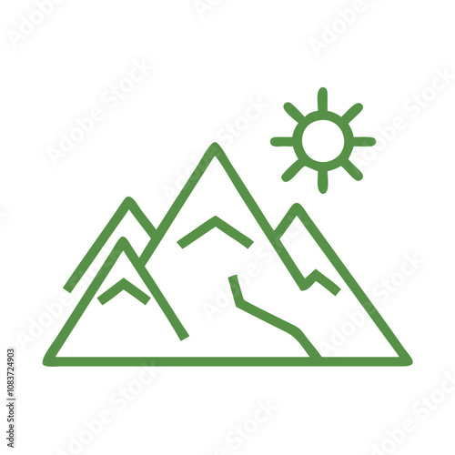 Green vector icon of a mountain range with a sun representing outdoor adventure