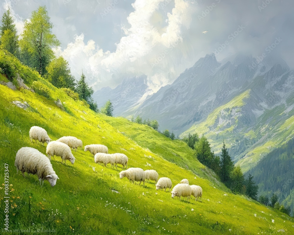 Fototapeta premium A group of sheep grazing on a green hillside, Sheep Farming, Peaceful and natural