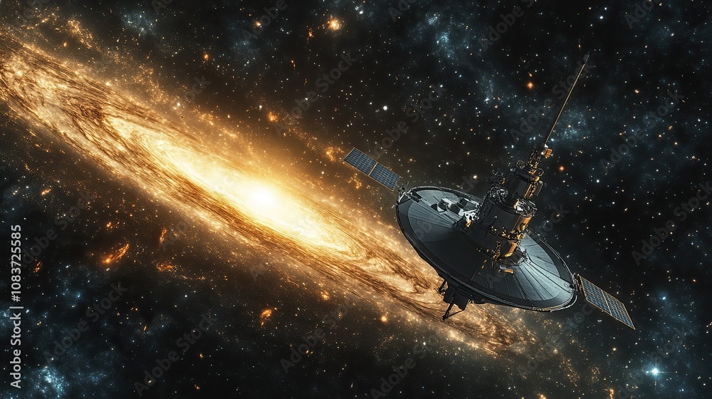 Naklejka premium A deep space probe traveling through a distant galaxy, capturing images of unexplored star systems.