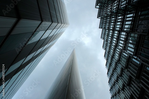 Low-Angle View of Skyscrapers in the City of London Against a Cloudy Sky. Iconic Modern Architecture in the Financial District