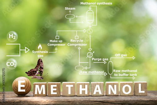 Canvastavla E- Methanol or green hydrogen text on woods and icons about production process on bokeh background