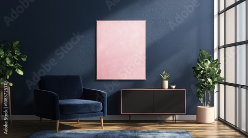 Modern living room with navy blue armchair and pink painting over cabinet.