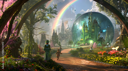 Whimsical Snapshot from the Oz Movie: An Enchanting, Vibrant Emerald City Under a Rainbow