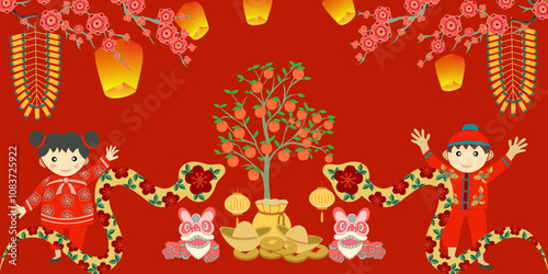 Happy New Year decor with shape Chinese boys and girls, firecrackers,  lanterns, dragon danceand ,orange tree,chinese money, plum blossom and snake design  on red background.