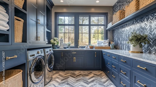 Modern Laundry Room with Blue Cabinets, White Tile, and Stainless Steel Appliances