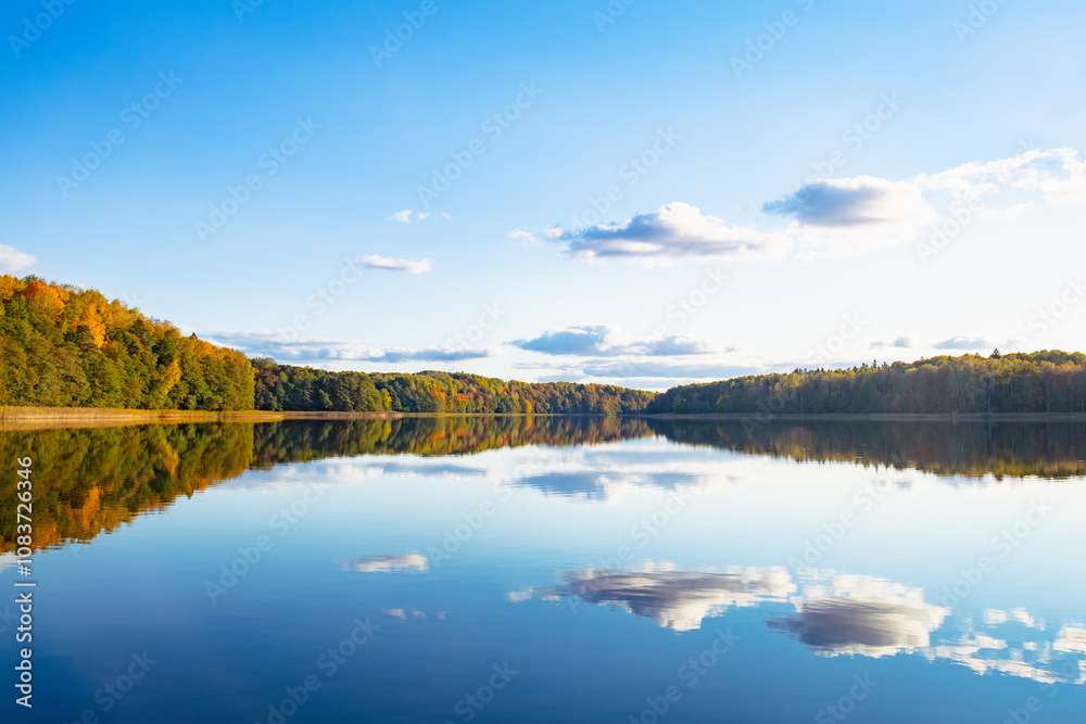 Obraz premium a lake on the background of an autumn forest