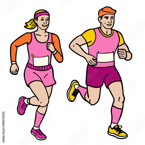 Running Partners: A vibrant illustration of a male and female runner, side by side, showcasing fitness, teamwork, and a healthy lifestyle.  