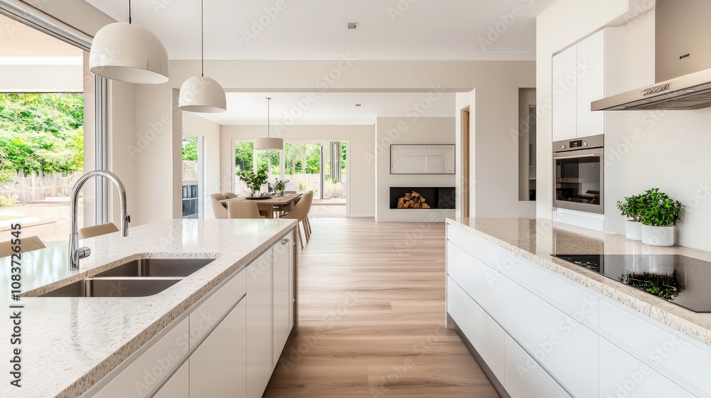 Fototapeta premium Modern Kitchen Island Granite Countertops Wooden Floors Open Plan Design Luxury Home Interior