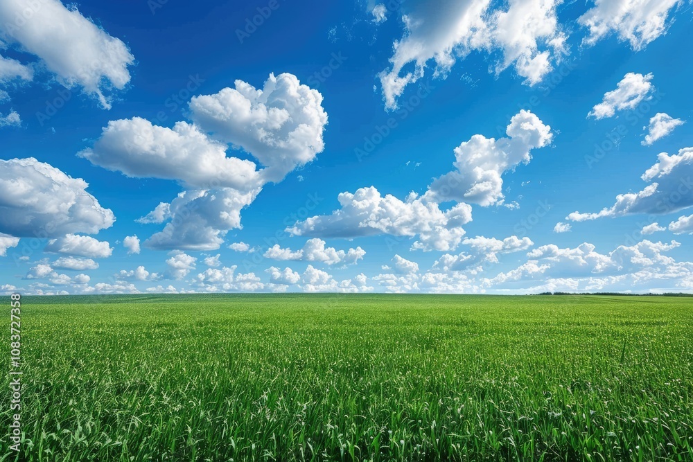 Obraz premium Green field with blue sky and clouds. Perfect for nature, landscape, and environmental themes.