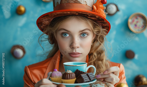 Young attractive woman in stylish clothes and sweets on a bright colored background. Candy bar. Woman with a sweet tooth. Chocolate factory. Confectioner. Art