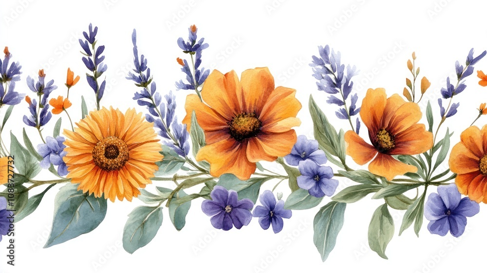 Obraz premium Watercolor Painting of Orange and Purple Flowers with Green Leaves