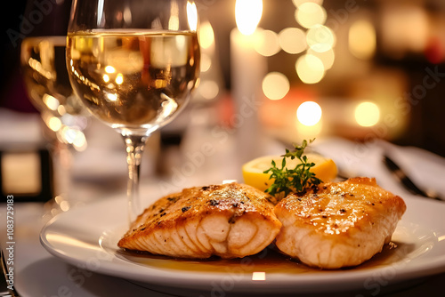 Romantic dinner for two with wine and a baked fish entr?(C)e, creating an intimate atmosphere photo