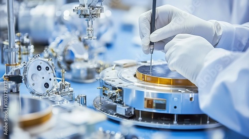 Satellite assembly process in high-tech facility. Precision engineering and advanced technology for space exploration and communication.