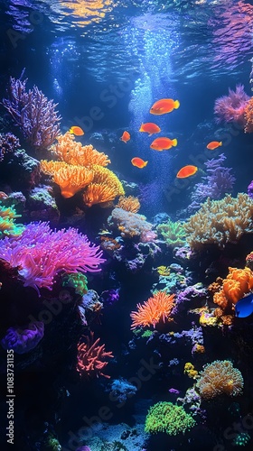Undiscovered underwater coral forest with glowing coral and colorful fish